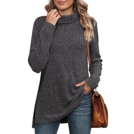 WIHOLL Turtleneck Sweaters for Women 2025 Lightweight Ribbed Knit Long Sleeve Tops Fall Clothes Loose Fit Plus Size Fashion Clothing Charcoal Grey S