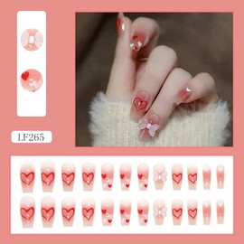 Valentine's Day Press on Nails Medium 24Pcs Glossy Full Cover Square Pink False Nails with Heart Bow Designs Reusable Artificial Short Coffin Fake Nails with Glue Stick on Fingernails for Women