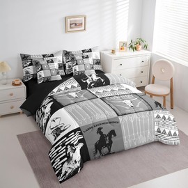 Country Western Bedding Sets Tribe Geometry Aztec Bed in a Bag King Size Comforter Set 7 Pieces,Cowboy Horse Sheet Set with Comforter,Gothic Bull Skull Cowgirl Southwestern Decor,Black Grey