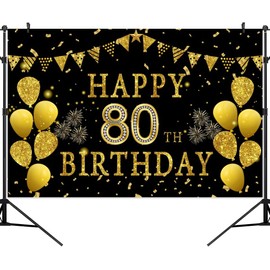 Pnylzzyxh 8x6ft Happy 80th Birthday Party Photography Backdrop, Glitter Black and Gold Balloons Background for Woman Man Fabulous 80 Bday Shining Diamond Eighty Years Old Birthday Party Supplies