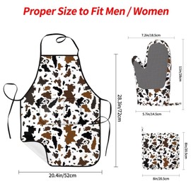 DONMYER Cow Print Oven Mitts and Pot Holders with Apron Set of 5 Silicone Cowhide Brown Milk Cow Print Kitchen Mitts and Non-Slip Potholders Apron Set Heat Resistant Oven Gloves Hot Pads for Grilling