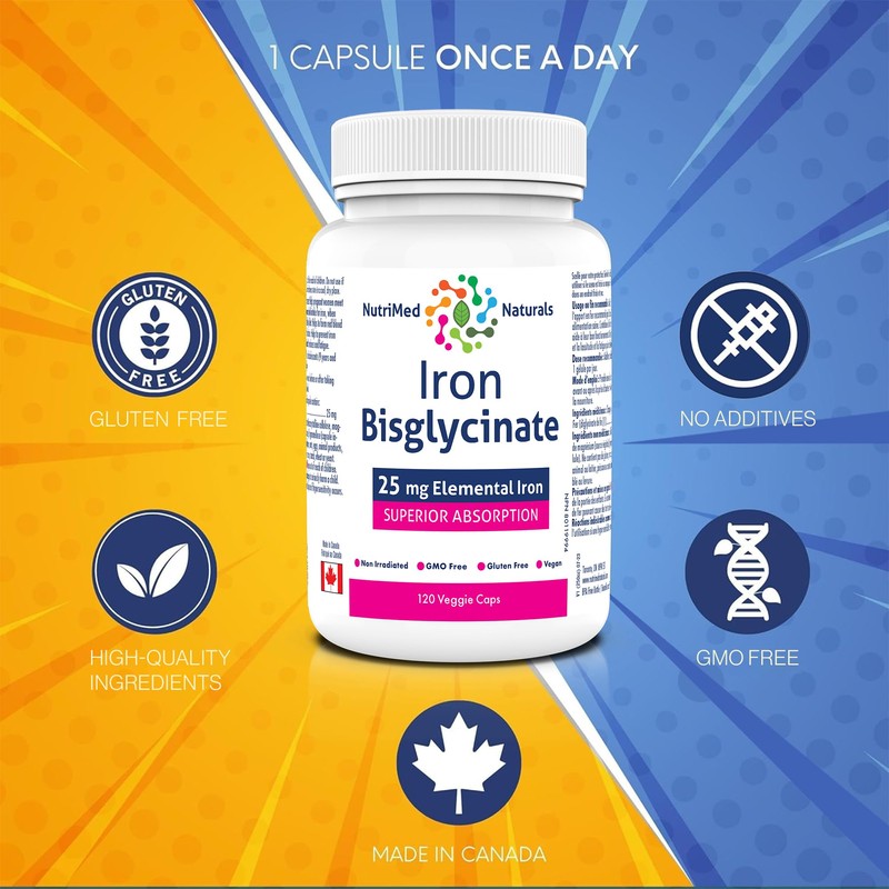 Iron Bisglycinate Iron Supplement 120 Caps - 25mg Elemental Iron