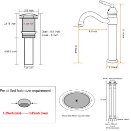 GGStudy Tall Body Single Handle One Hole Bathroom Vessel Sink Faucets Copper Finish With Pop Up Drian Without Overflow