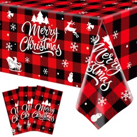 3-Piece 54 x 108 Inch Merry Christmas Plastic Tablecloth - Red and Green Design with Christmas Tree Holiday Decorations, Disposable Rectangle Table Cover for Xmas Party Supplies, Indoor Outdoor Decor