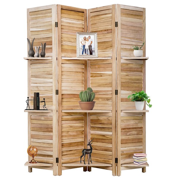 4 Panel Room Divider Folding Privacy Wooden Screen with Three Clever Shelf Portable Partition Screen Screen Wood for Home Office