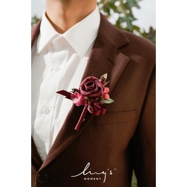 Ling's Moment Boutonniere for Men, 6pcs Groom Groomsmen Boutonniere, Artificial Flowers for Wedding Decor/Prom/Homecoming, etc.Burgundy Red