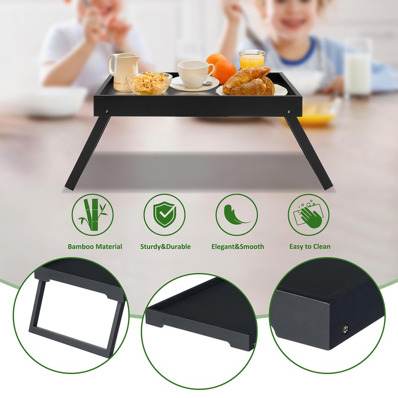Kaukinye Bamboo Bed Tray Table with Foldable Legs, Breakfast Tray,