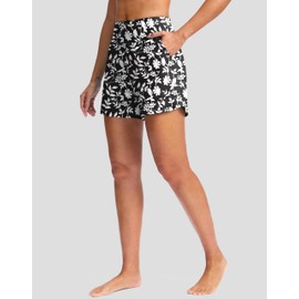 G Gradual Women's 5" Swim Board Shorts Quick Dry High Waisted Beach Shorts for Women Swimsuit Bottoms with Liner Pockets(White Flower,L)