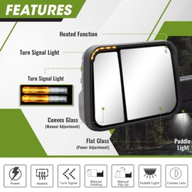 SIZIOM Towing Mirrors, for 2002-2008 Dodge Ram 1500, 2003-2009 Ram 2500 3500, Turn Signal Light Puddle Lamp Manual Flip Up Pair Set Tow Mirrors