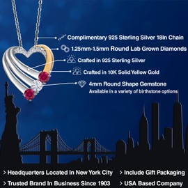 Gem Stone King 925 Silver and 10K Yellow Gold Red Created Ruby and Moissanite and White Lab Grown Diamond Heart Pendant for Women | 0.83 Cttw | Gemstone July Birthstone | With 18 Inch Chain