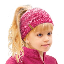 TOSKATOK Girl's Thermal Teddy Fleece Lined Ponytail Beanie Hat-Cerise/Pink/Cream