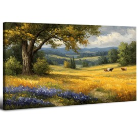 Farmhouse Wall Art Fall Kitchen Decor Vintage Country Cow Pictures Wall Decor Rustic Autumn Forest Canvas Prints Purple flowers Painting Western Artwork for Dining Room Bedroom Home Decorations 20x40"