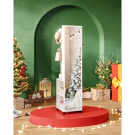 Hzuaneri 8 LEDs Jewelry Cabinet Armoire, 64.8-inch Jewelry Organizer with Garment Rack, Lockable Full-length Mirror with 4 Wheels, Storage Shelves with Hooks, 5-in-1, White and Beige JC17003BE