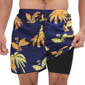 Muscle Killer Men's Swim Trunks with Compression Liner 2 in 1 Board Beach Shorts Quick Dry Swimwear Bathing Suits Swim Short with Pockets