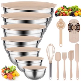 Mixing Bowls with Lids set - 26 PCS Stainless Steel Nesting Khaki Mixing Bowls Set for Baking,Mixing,Serving & Prepping,Size 5, 3.7, 2.8, 2.3, 1.7, 1.1, 0.7QT, 12 Cooking Utensils