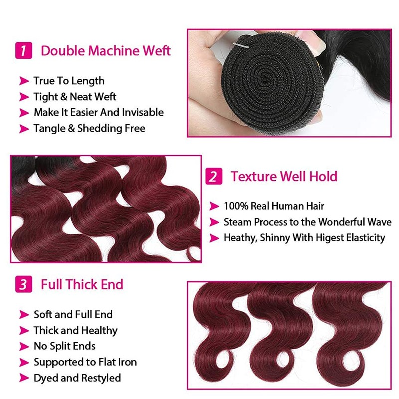 muaowig Burgundy Human Hair Bundles Body Wave Brazilian Remy Hair