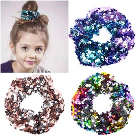 Yurosiay Sequin Hair Scrunchie Elastic Glitter Hair Scrunchie Colourful Mermaid Sequins Hair Scrunchies Fashion Ponytail Holder Sequins Hair Accessories for Girls Pink
