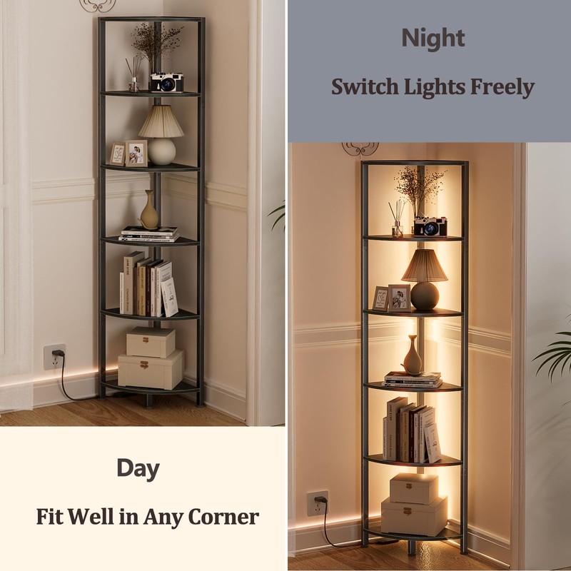 Furnulem 6 Tier Corner Shelf with LED Light, 67.5” Tall