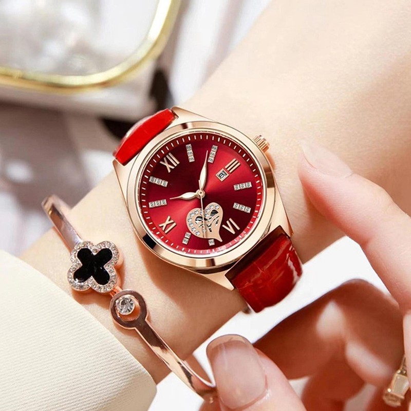 Women Watch Wine Red Mechanical Watch Luminous Waterproof Hollow Heart