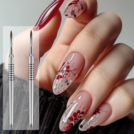 Hariendny 2 Pack 3D Nail Art Brush for Acrylic, Kolinsky Acrylic Nail Brushes Set, Nail Lining Brush Nail Salon Painting Brush Pen with Non-Slip Handle, Silver Metal Nail Art Pen (Size #2)