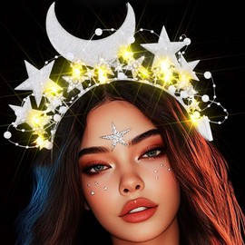 Reaky Light Up Headband Silver Star Headbands Glitter Moon Hairband Party Holiday Hair Accessories for Women (Silver, one size)