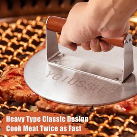ygiussh 8.7 Inch Heavy-Duty Grill Press with Beech Wood Handle Stainless Steel Bacon Press Round Non-Stick Hamburger Press Weight Burger Smasher for Perfectly Seared Bacon Steak & Sandwiches (Wood)