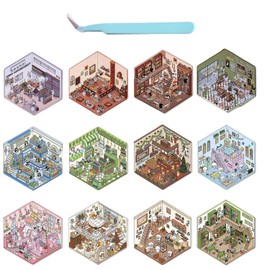 DIY 3D House Stickers,12 Sets Fun DIY 3D Stickers Scene for Girls Kids Make Your Own Mini Shop,Supermarket,Coffee Shop,Restaurant,Bookstore,Therapy for Adult Relief Stress Pass The Time