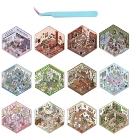 DIY 3D House Stickers,12 Sets Fun DIY 3D Stickers Scene for Girls Kids Make Your Own Mini Shop,Supermarket,Coffee Shop,Restaurant,Bookstore,Therapy for Adult Relief Stress Pass The Time