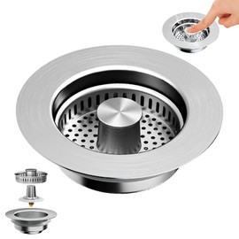 Kitchen Sink Drain Strainer, 3-in-1 Pop-Up Stainless Steel, Sink Strainer, for Depth > 40 mm, Sink Bore 75-86 mm, Suitable for Kitchen Sinks for Filtering Food Leftovers