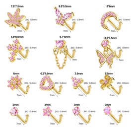 Milacolato Pack of 14 20G Nose Piercing Studs for Women Pendant 14K Gold Silver Stainless Steel Nose Stud L S Shape Corkscrew Piercing Heart Moon Nose Stud Nostril Piercing for Women