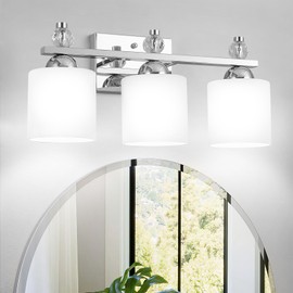BNHHLZ Chrome Bathroom Vanity Lights Over Mirror 3-Light Modern Wall Sconces with Milky White Glass Shades and Crystal Vanity Lights Fixtures Over Mirror for Bathroom Living Room Bedroom Corridor