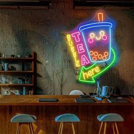XIMAQIS Bubble Tea HERE Neon Sign Custom Large Neon But First Boba Tea Signs Boba Shop Open Light Sign Decors Wall Art Coffee Store Welcoming Neon Light Size:62x44CM (24.4in)-Yellow