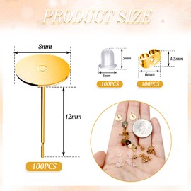 TOAOB 100 Pairs 8mm Hypoallergenic Gold Stainless Steel Earring Posts Flat Pad Blanks Pin Studs and Clear Rubber Earring Backs Jewelry Making Findings