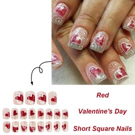 Glitter Heart Press on Nails Short Square Fake Nails French Silver Sparkly Red Heart Design Valentine's Day Romantic Holiday Nail Decor French Tip False Nails Cute Stick on Nails for Women Girls 24Pcs