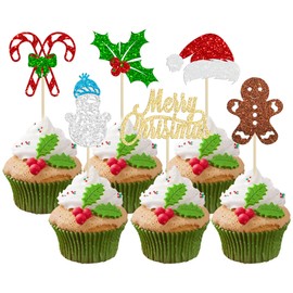 Ephlyn 24 decoraciones para cupcakes de Feliz Navidad purpurina Papá Noel pan de jengibre sombrero de Papá Noel decoración para tartas para decoración de feliz Navidad