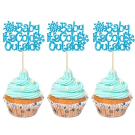 24 piezas de adornos de copos de nieve para cupcakes con purpurina para invierno, para el país de las maravillas del invierno, baby shower, cumpleaños, fiesta, decoración de pasteles, color azul
