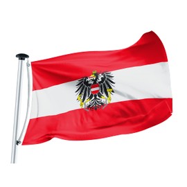 FLAGLY Premium Austria Flag with Eagle 100 x 150 cm - 115 g/m² Fabric Weight - Printed, Robust and Weather-Resistant Gloss Polyester with Eyelets (100 x 150 cm, Austria with Eagle)