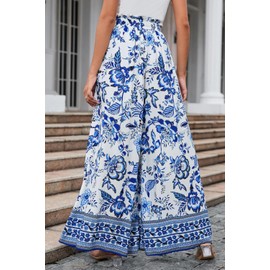 YOCUR Summer Wide Leg Pants for Women Beach Vacation High Waisted Pants Printed Loose Flowy Gauze Palazzo Lounge Trousers Blue White XXL