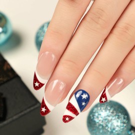 ONPRESS 24Pcs 4th of July Press on Nails Medium Almond Oval Fake Nails with American Flag Design Red Glitter White French Tip Star Independence Day Stick on Nails for Women DIY Manicure