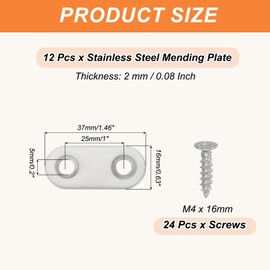 PATIKIL Flat Mending Plate 1.5"x0.6", 12 Pcs Stainless Steel Straight Flat Bracket for Shelves Corner Braces Brackets Metal Fixing Joining Plates for Wood Furniture Cabinet Frame Repair