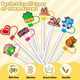 70Pcs Different Straw Cover Caps for Tumblers, Cute Dringking Straw Toppers,10mm Dust-Proof Reusable Straw Tips Lids, Bulk PVC Straw Protector for Party Gifts