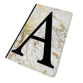 WTF | Custom Marble Large Initials | Printed Art Faux Leather Passport Cover/Luggage Tag (Passport Holder, White Gold Marble)