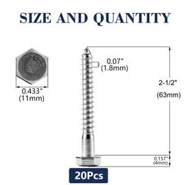 1/4" x 2-1/2" Hex Head Lag Screws Bolts 20Pcs 304 Stainless Steel 18-8, Partial Thread, Hexagon Head Wood Screws by SG TZH