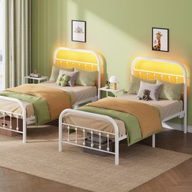 WLIVE Twin Bed Frames with Storage, Twin Bed Frame with LED Lights and Charging Station, Metal Platform Bed Frame with Headboard, White
