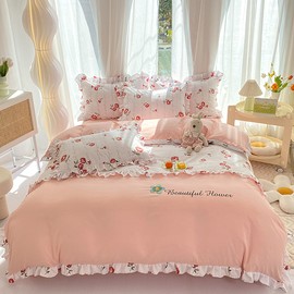 GETIYA Girls' Women's Bed Linen 135 x 200 cm Red Flowers Bed Linen Pink White Microfibre Bed Linen Floral Pattern Floral Duvet Cover Single Bed Romantic Ruffle Bed Linen with 1 Pillowcase 80 x 80 cm