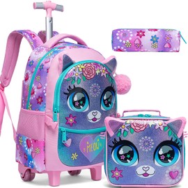 Meetbelify Rolling Backpack for Girls Backpacks with Wheels for Elementary School Students Kids 2 in 1 Travel Luggage Suitcase for Girls Age 8-10