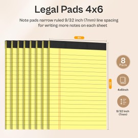 Note Pads 4x6 Small Notepad for Work, 8 Pack Mini Pocket Legal Pads 30 Sheets per Pad, Micro Perforated Notepads 4 x 6 Pads of Lined Paper, Narrow Ruled Yellow Writing Pads for Office Home School Car