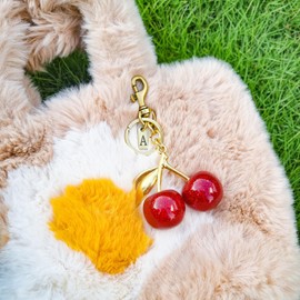 HOLINSE Cherry Bag Charm, Cherry Keychain,Initial Square Charm, 18K Gold Plated Glittering Cherry Purse Charm (R - Cherry Keychain)