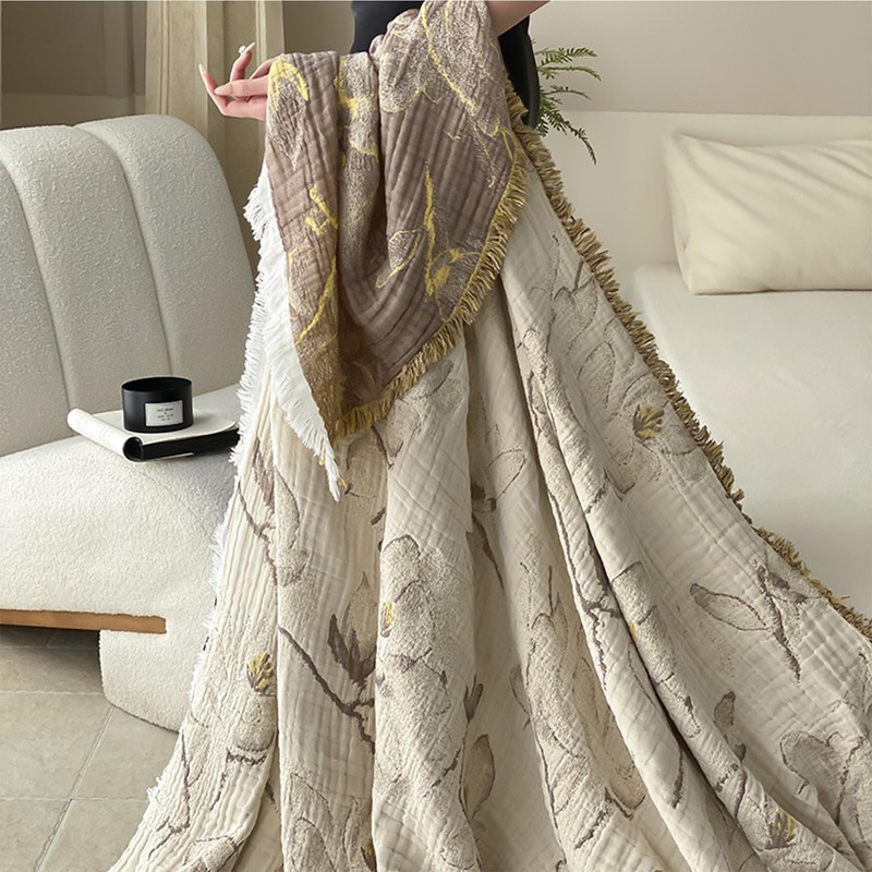 Lemfux 4-Layer 100% Cotton Muslin Cooling Blanket, Boho Floral Gauze