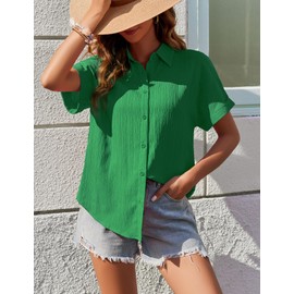 Zeagoo Women Short Sleeve Shirts Summer Work Blouse Short Sleeve Button Down Tunic Going Out Tops Evergreen